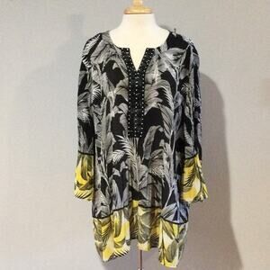 Catherine's Stretch Linear Leaf Pattern Beaded V-neck Blouse Size 3X 26/28W